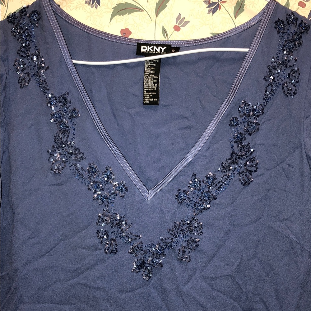 DKNY Navy Beaded V-Neck